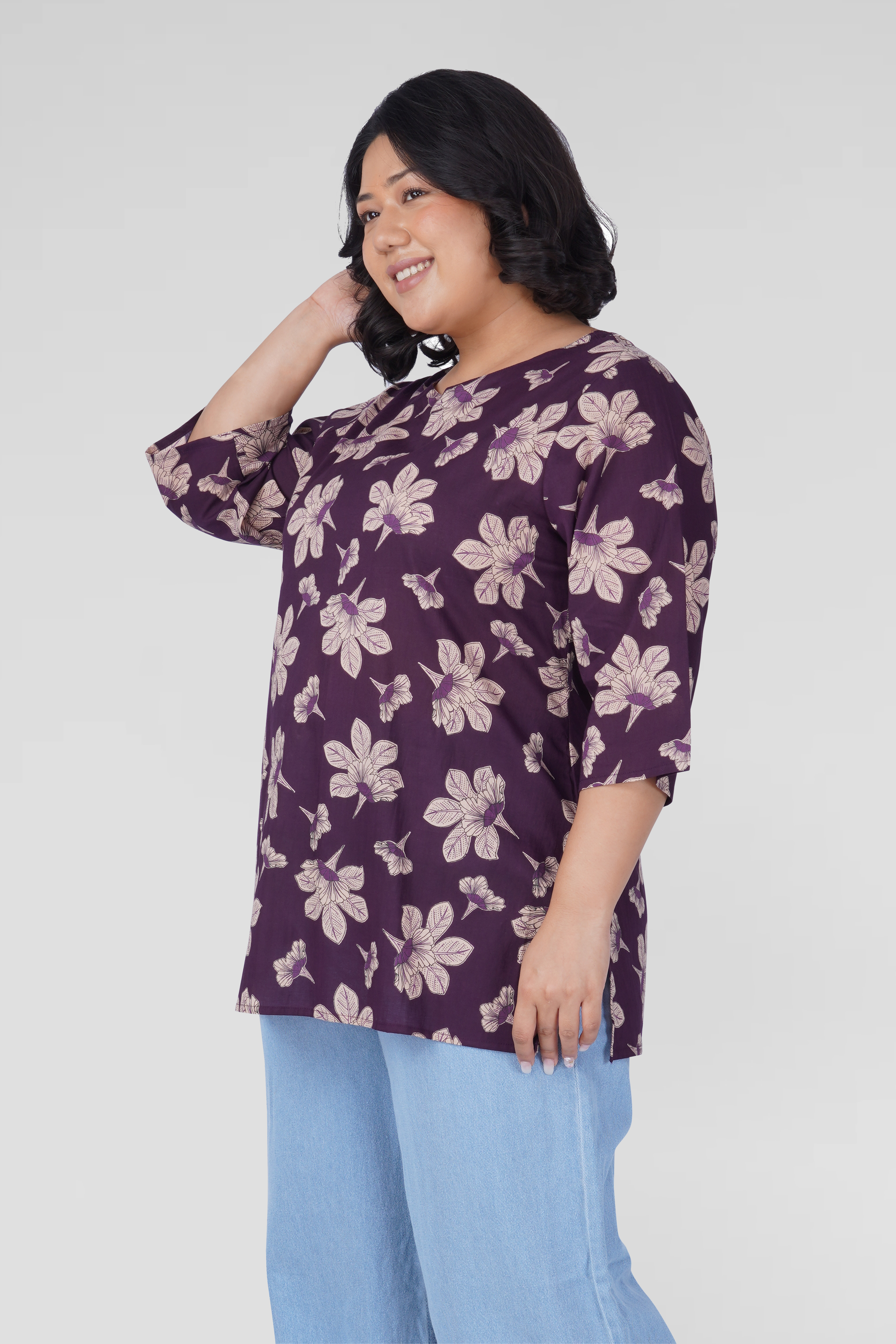 Dark Purple Plus Size Cotton Printed Kurti