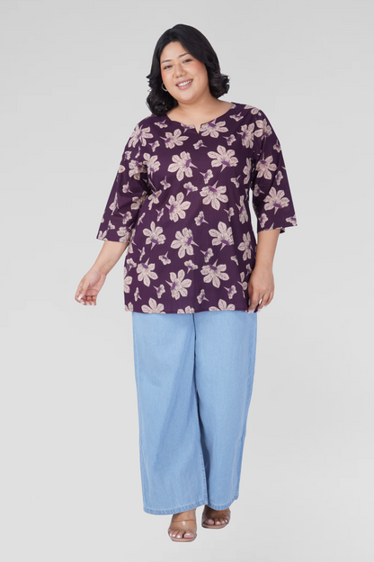 Dark Purple Plus Size Cotton Printed Kurti