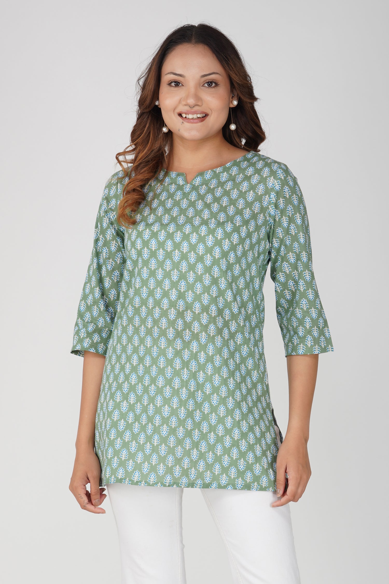 Dark Sea Green Cotton Printed Kurti