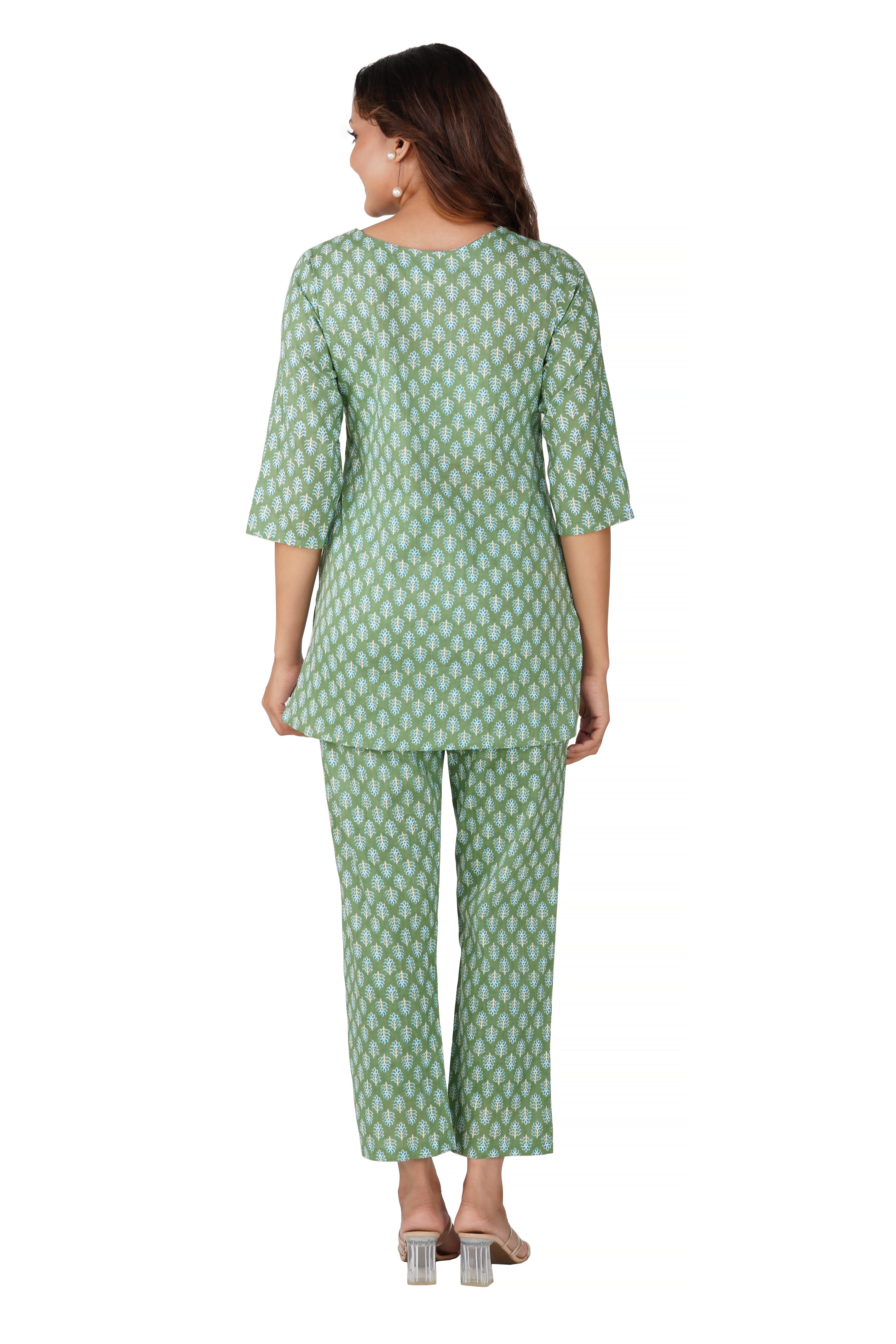 Dark Sea Green Cotton Printed Pyjama Set