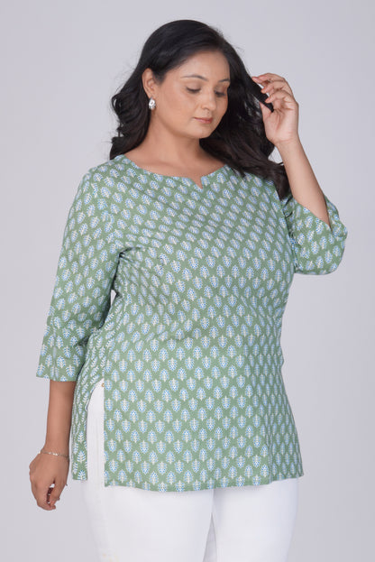 Dark Sea Green Plus Size Cotton Printed Kurti