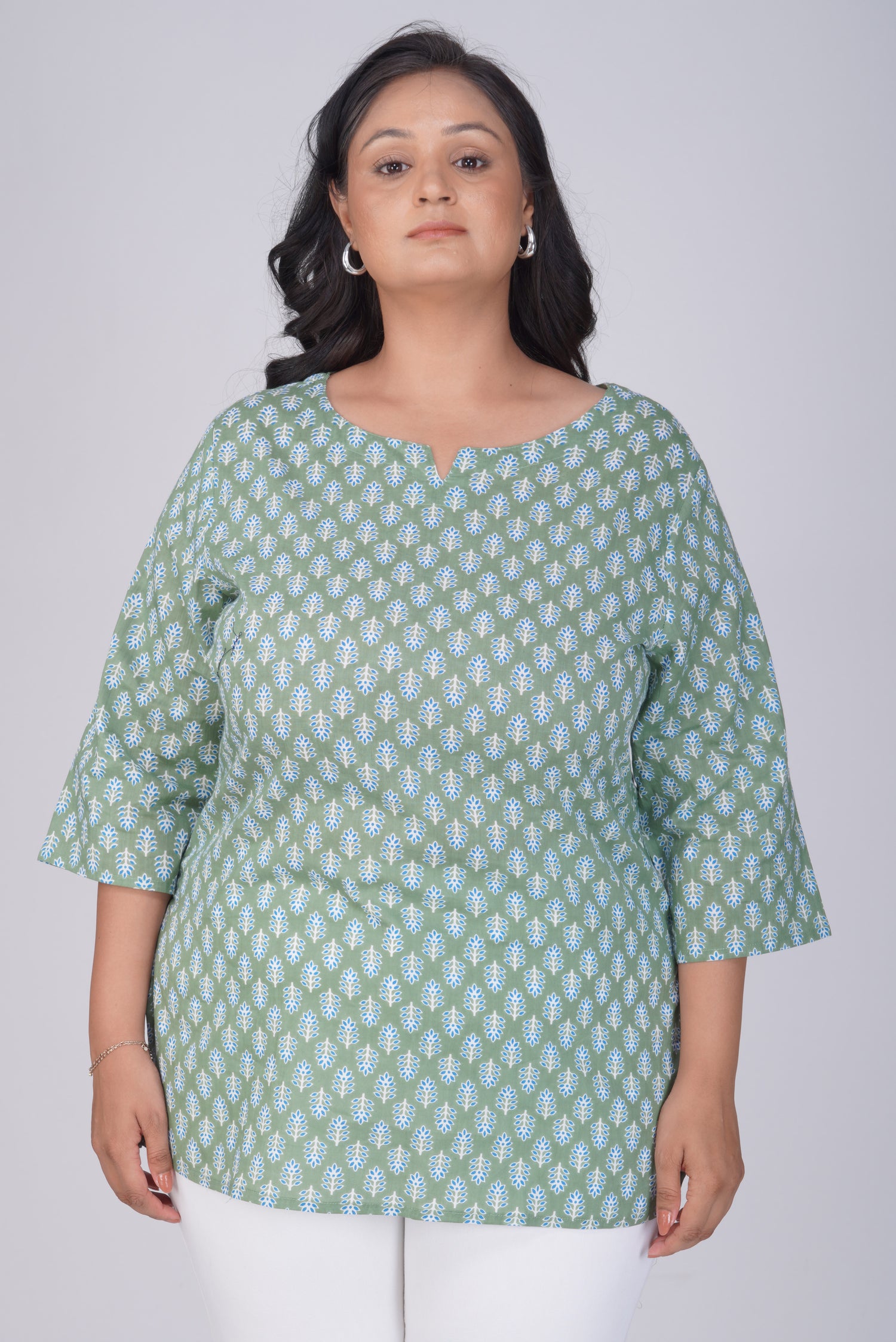 Dark Sea Green Plus Size Cotton Printed Kurti