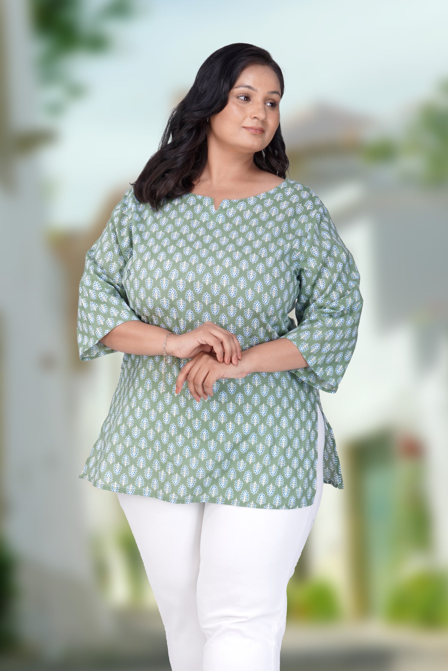 Dark Sea Green Plus Size Cotton Printed Kurti
