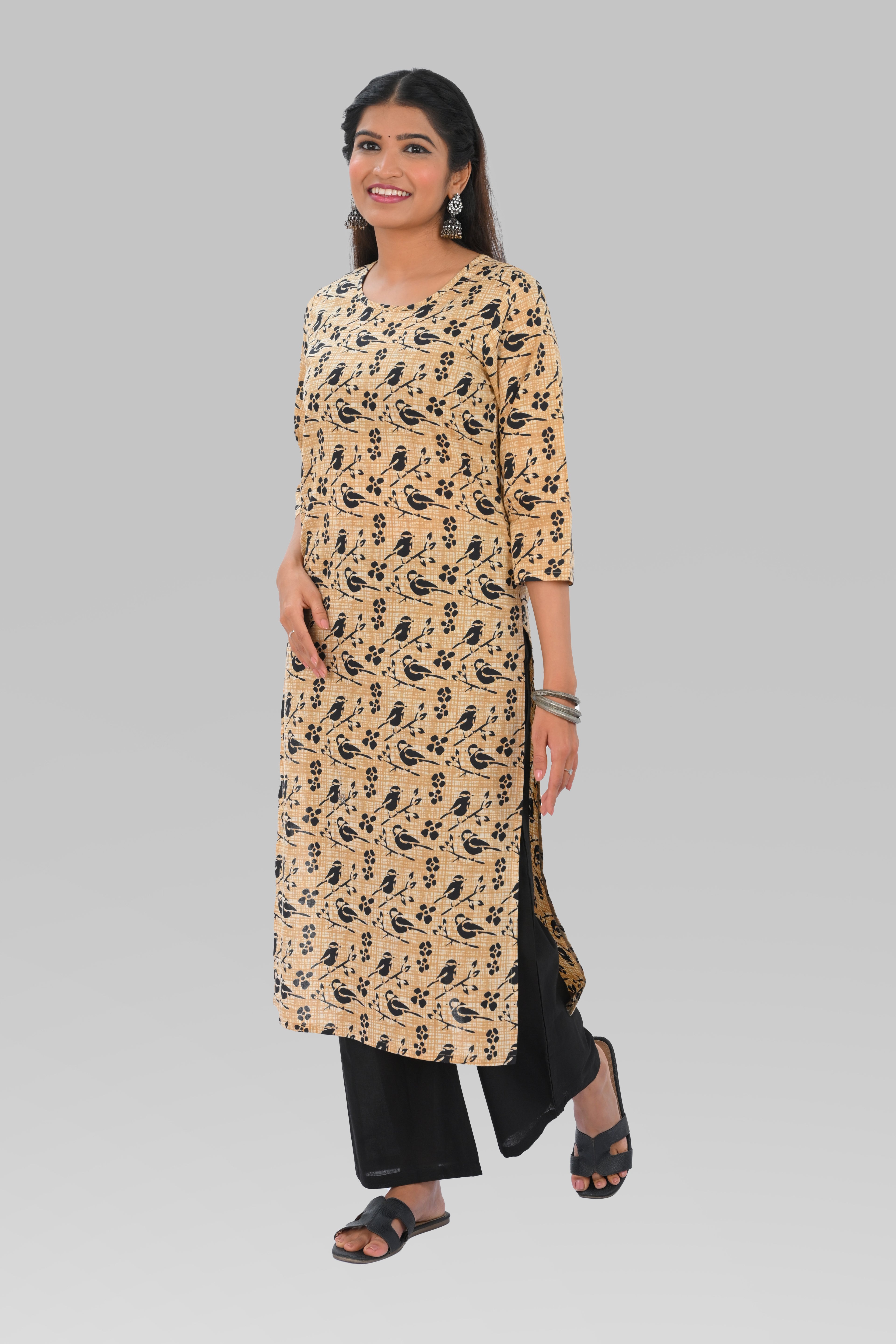 Dark Vanilla Cotton Printed Kurta Set