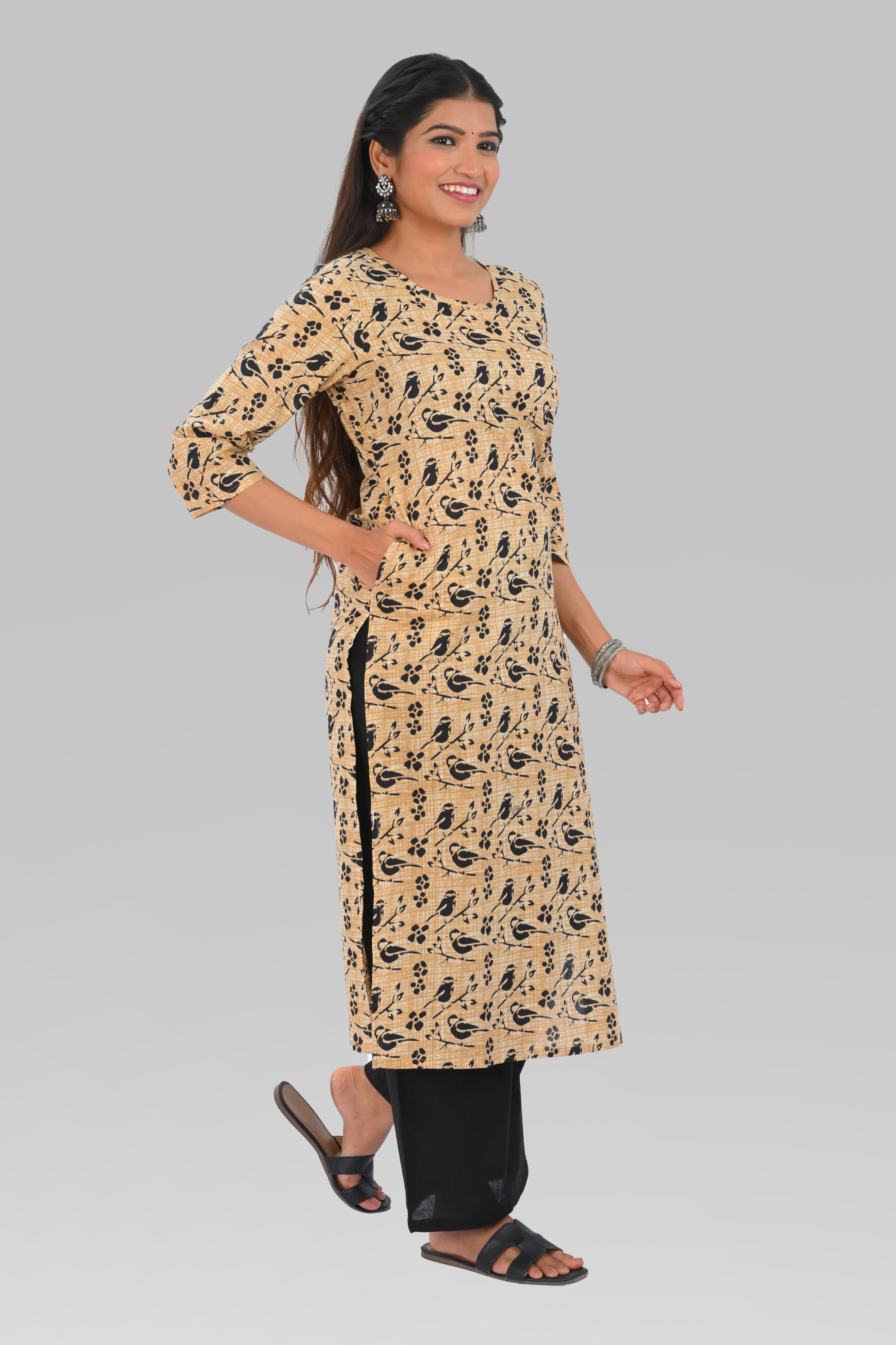 Dark Vanilla Cotton Printed Kurta Set