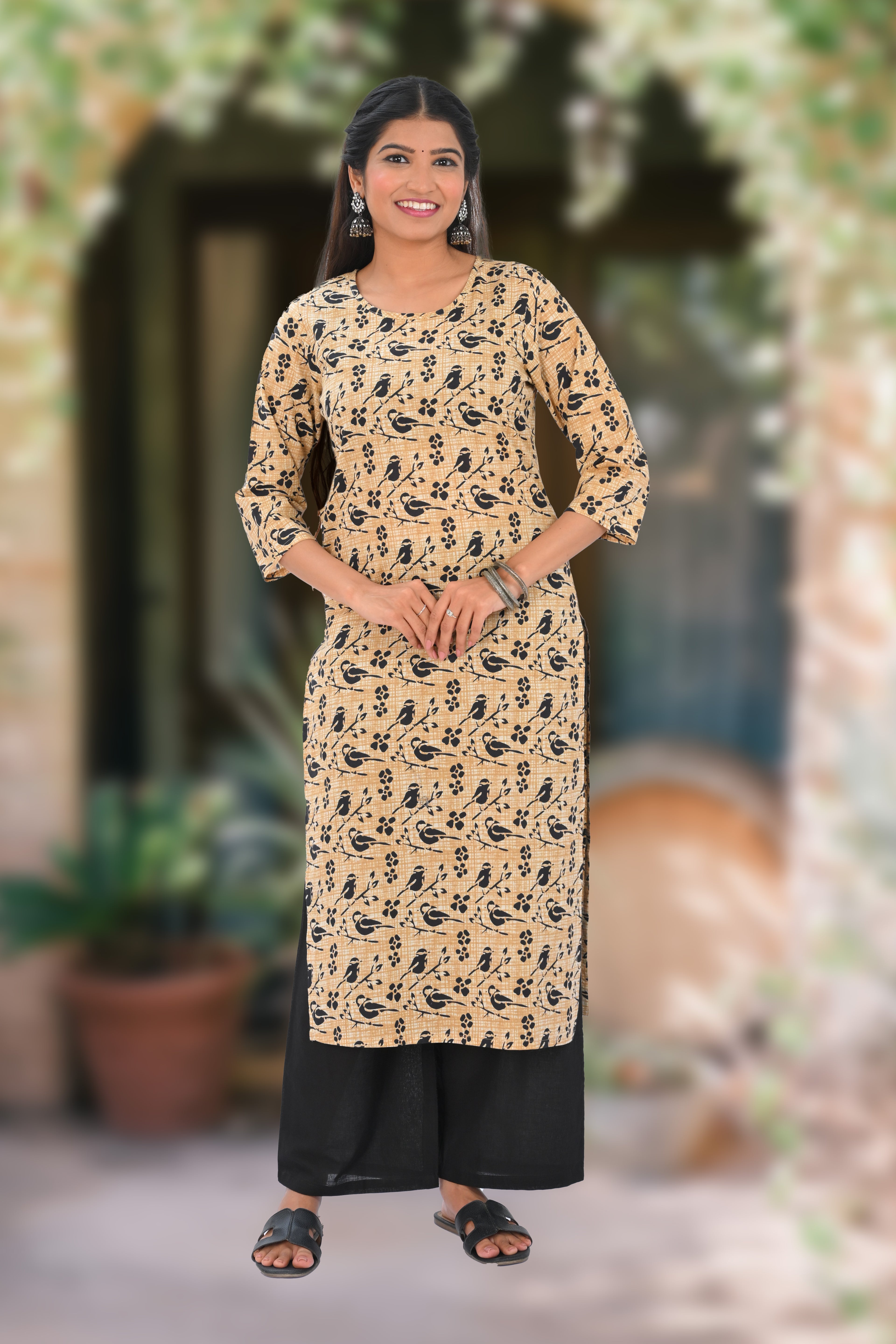 Dark Vanilla Cotton Printed Kurta Set