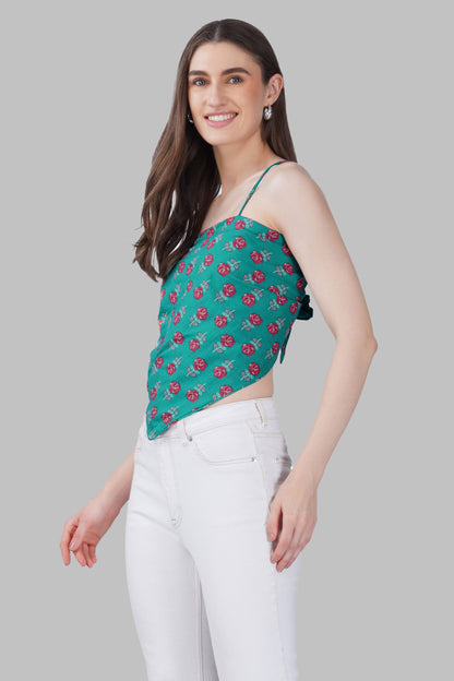 Dark Aqua Cotton Printed Scarf Top