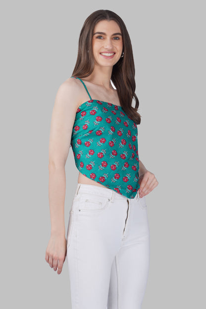 Dark Aqua Cotton Printed Scarf Top