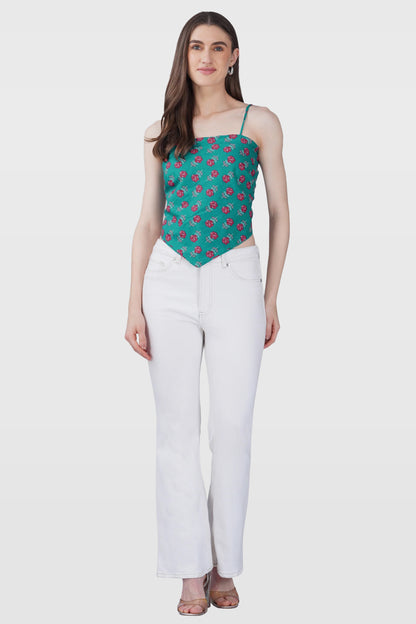 Dark Aqua Cotton Printed Scarf Top