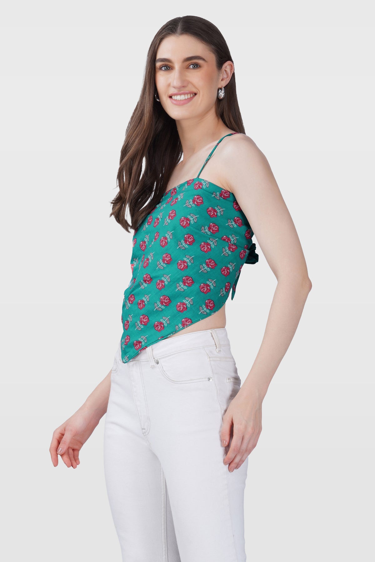Dark Aqua Cotton Printed Scarf Top