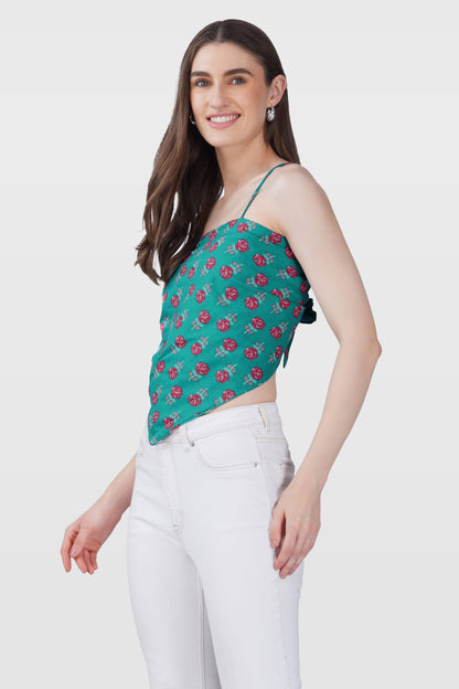 Dark Aqua Cotton Printed Scarf Top