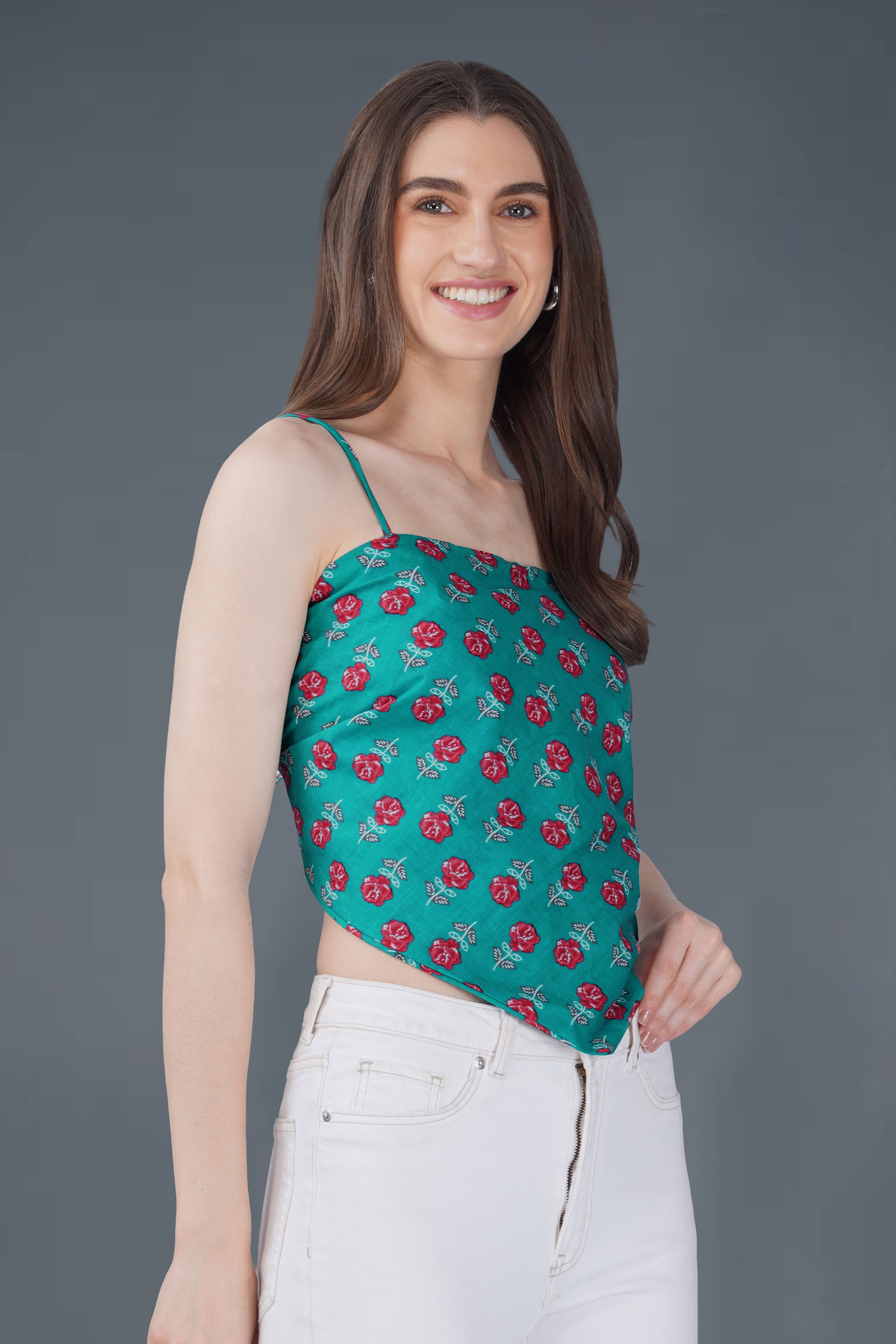 Dark Aqua Cotton Printed Scarf Top