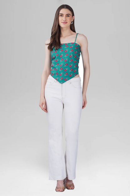 Dark Aqua Cotton Printed Scarf Top