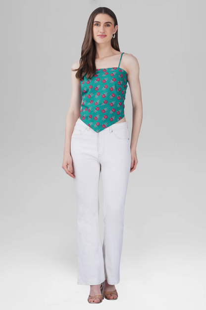Dark Aqua Cotton Printed Scarf Top