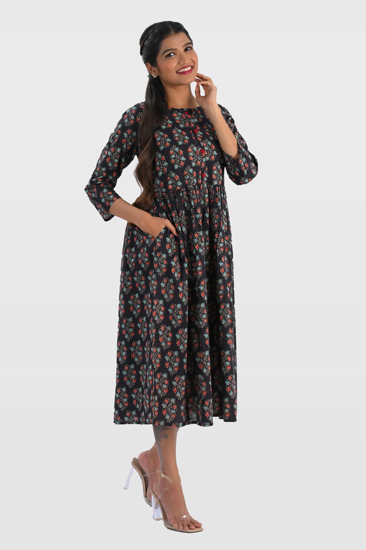 Dark Blue Black Cotton Printed Kurta Set
