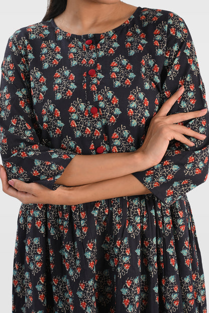 Dark Blue Black Cotton Printed Kurta Set