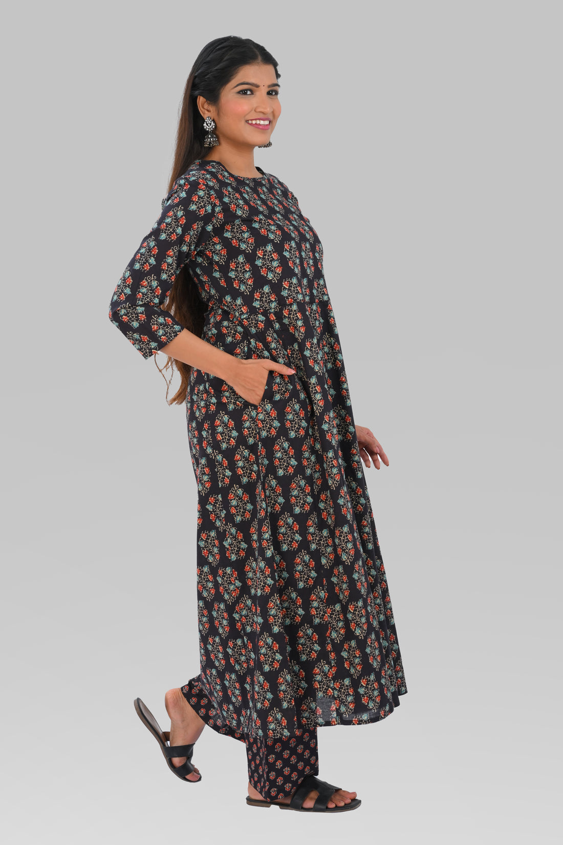 Dark Blue Black Cotton Printed Kurta Set