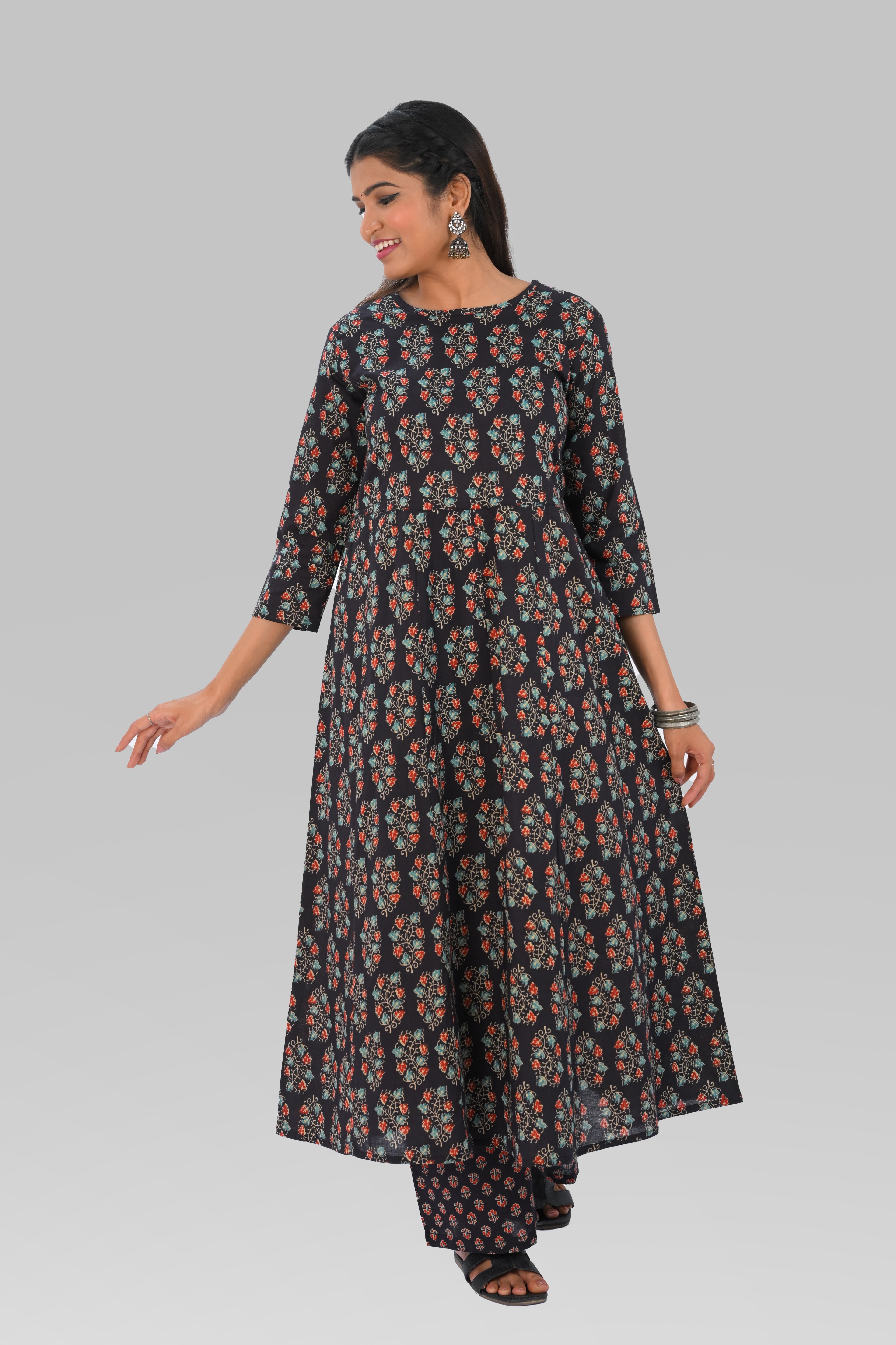 Dark Blue Black Cotton Printed Kurta Set