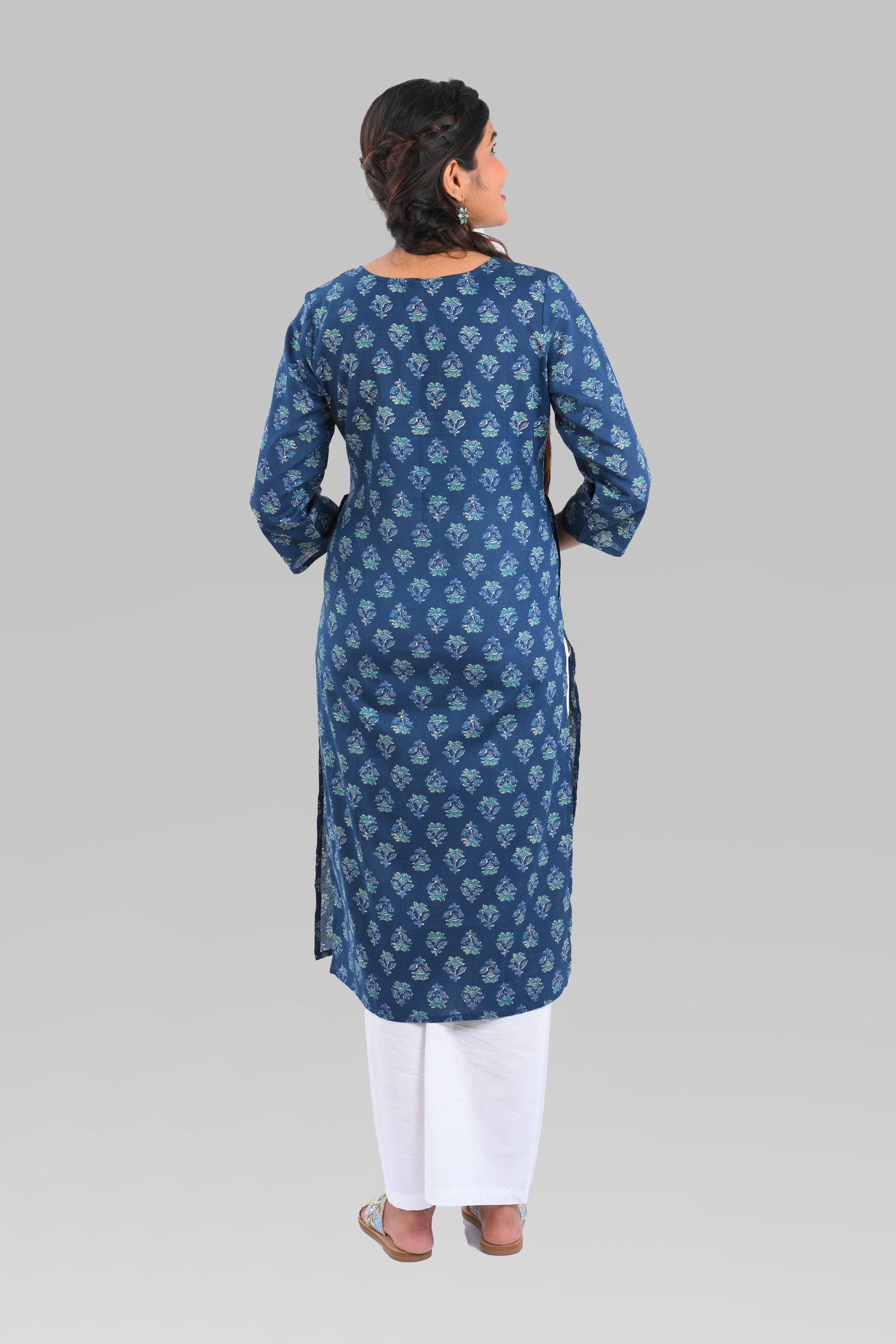 Dark Blue Cotton Printed Long Kurta