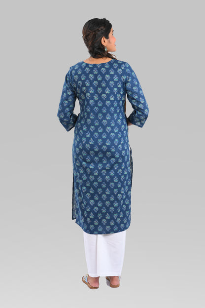 Dark Blue Cotton Printed Long Kurta