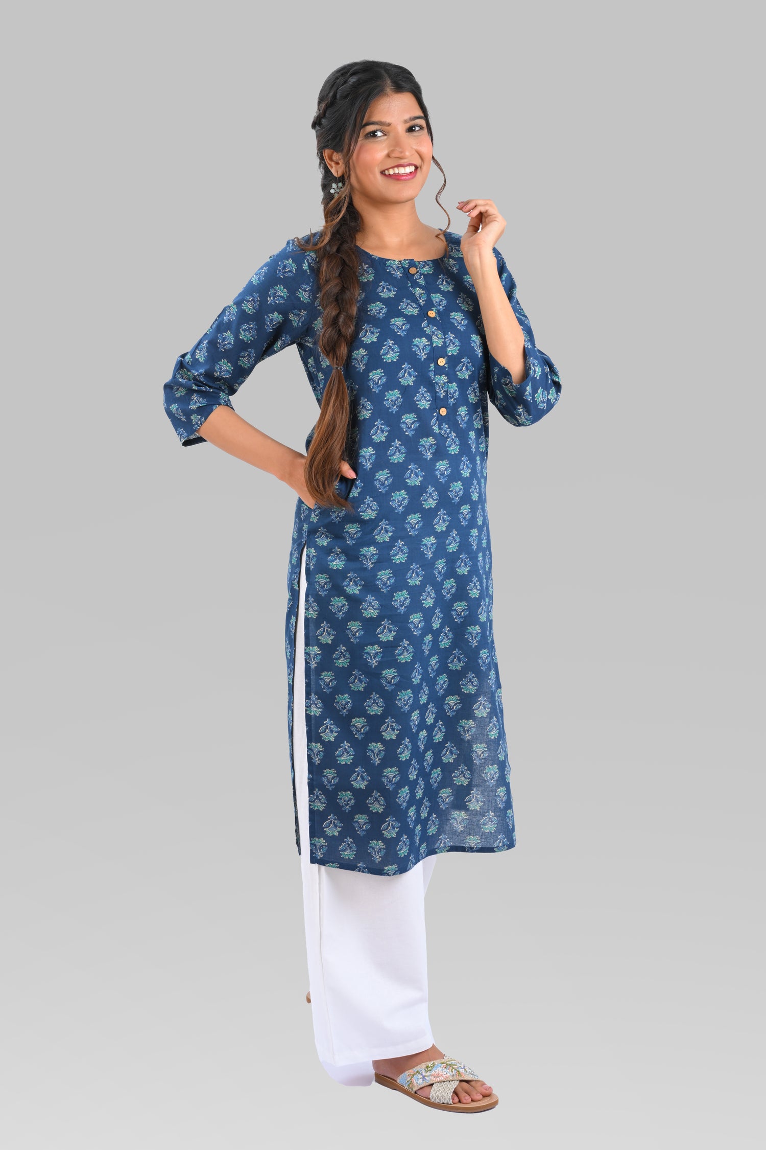 Dark Blue Cotton Printed Long Kurta
