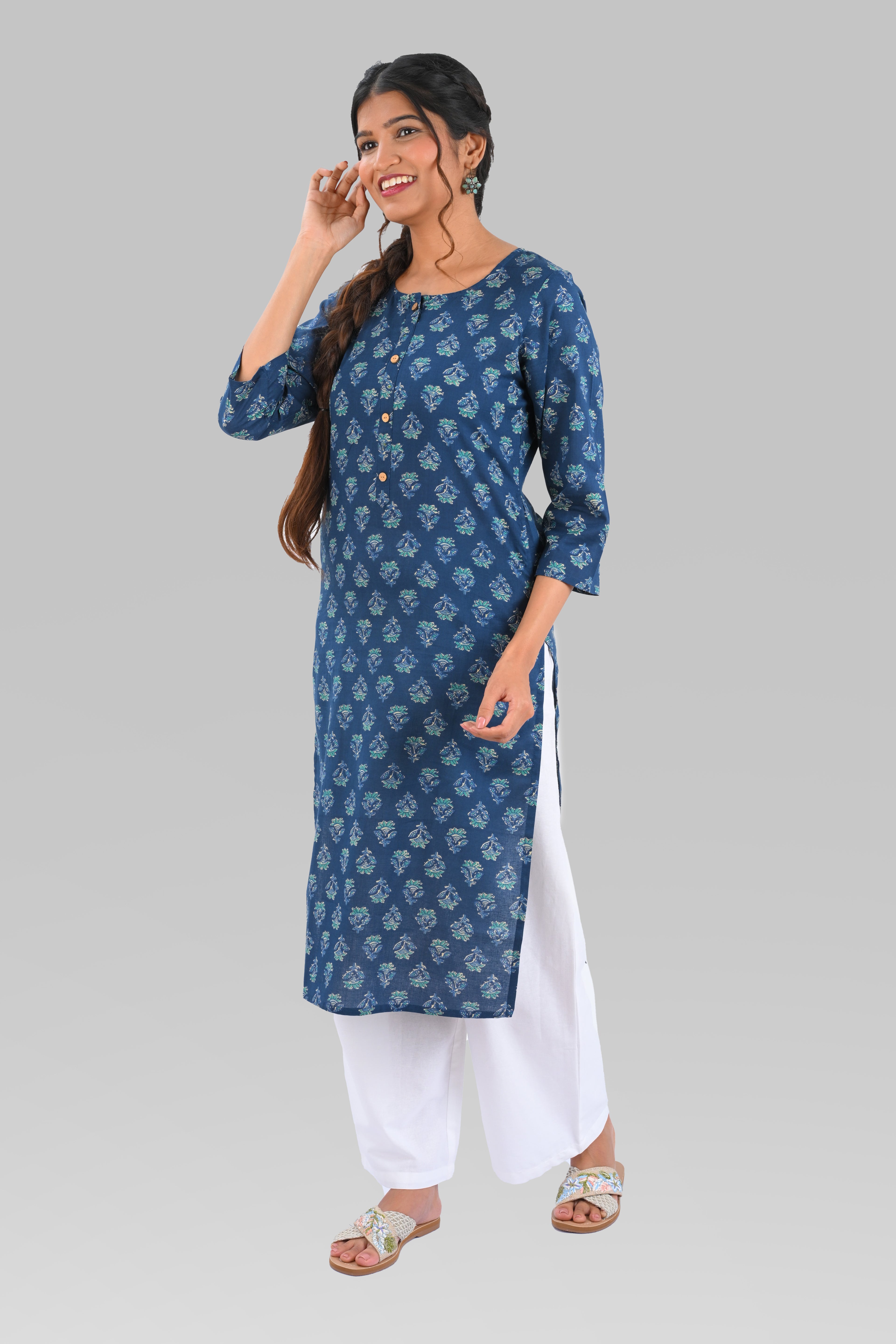 Dark Blue Cotton Printed Long Kurta