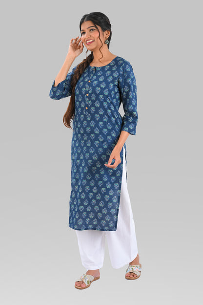 Dark Blue Cotton Printed Long Kurta