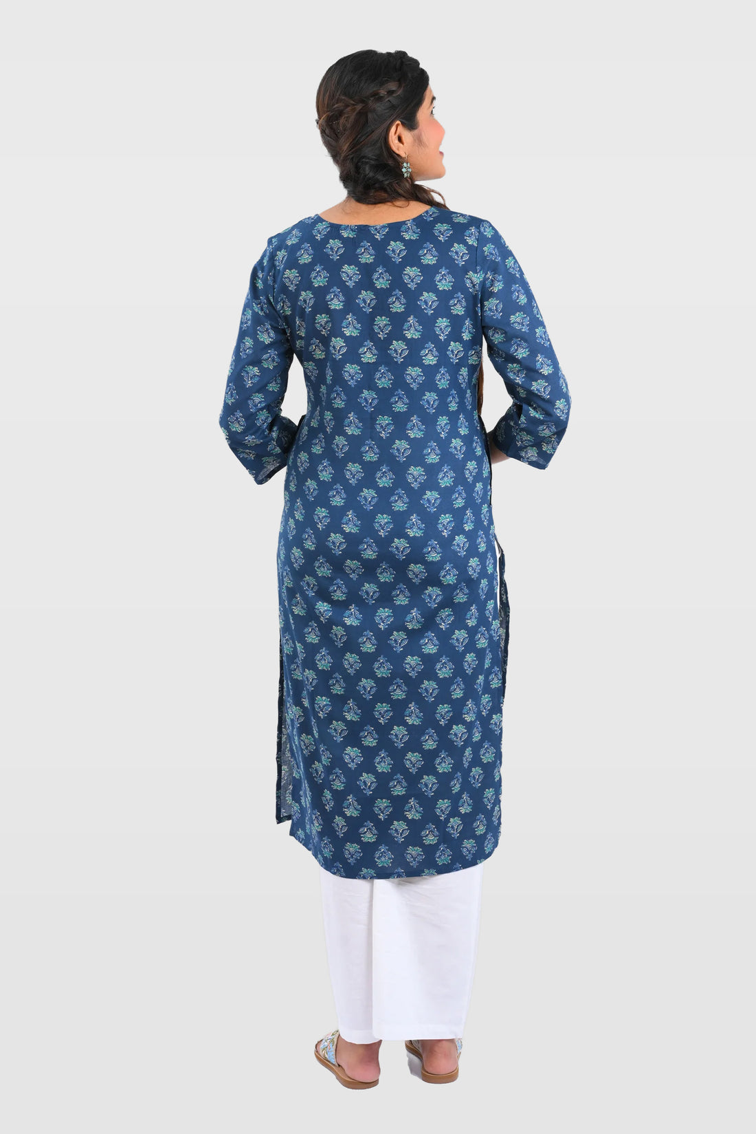 Dark Blue Cotton Printed Long Kurta