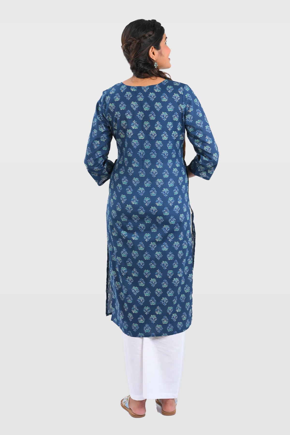 Dark Blue Cotton Printed Long Kurta