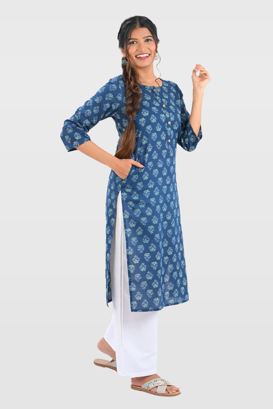 Dark Blue Cotton Printed Long Kurta