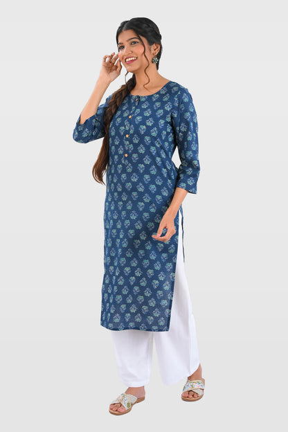 Dark Blue Cotton Printed Long Kurta