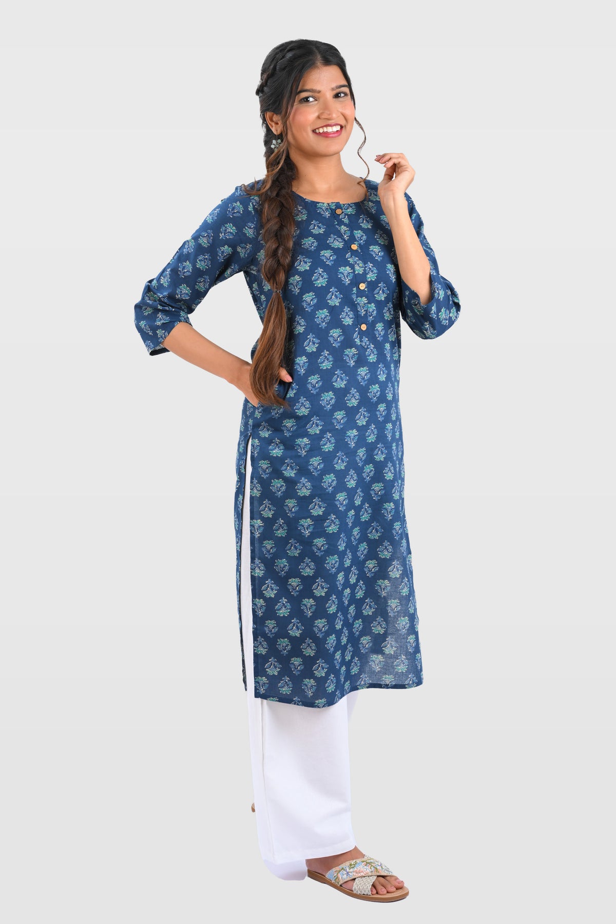 Dark Blue Cotton Printed Long Kurta