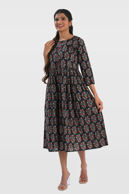 Dark Blue Cotton Printed Midi Dress