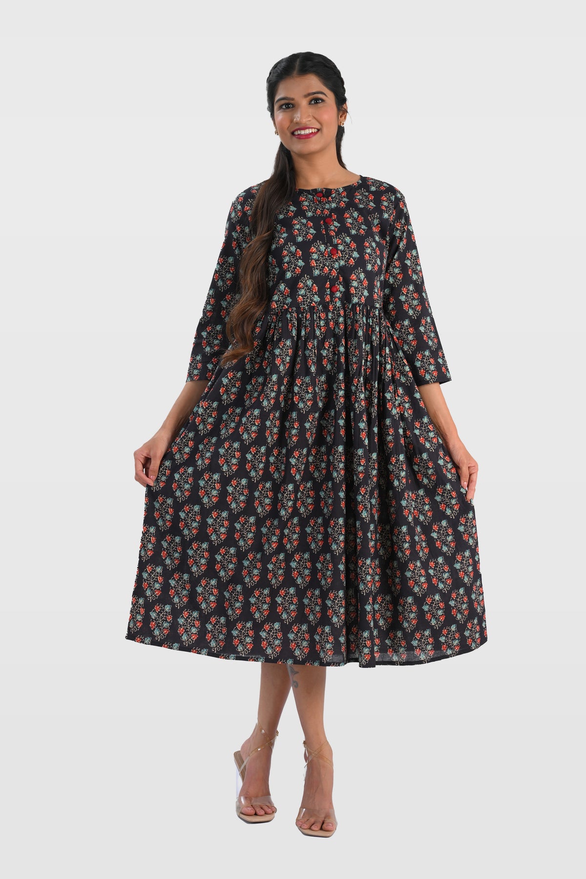 Dark Blue Cotton Printed Midi Dress