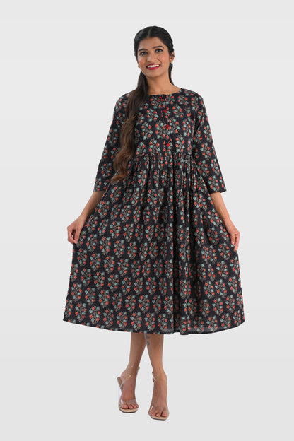 Dark Blue Cotton Printed Midi Dress