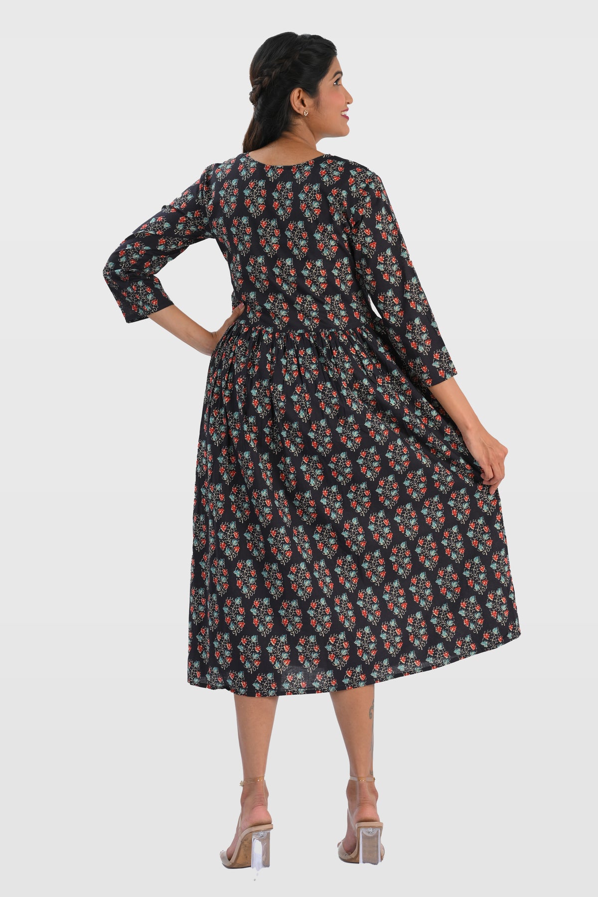 Dark Blue Cotton Printed Midi Dress