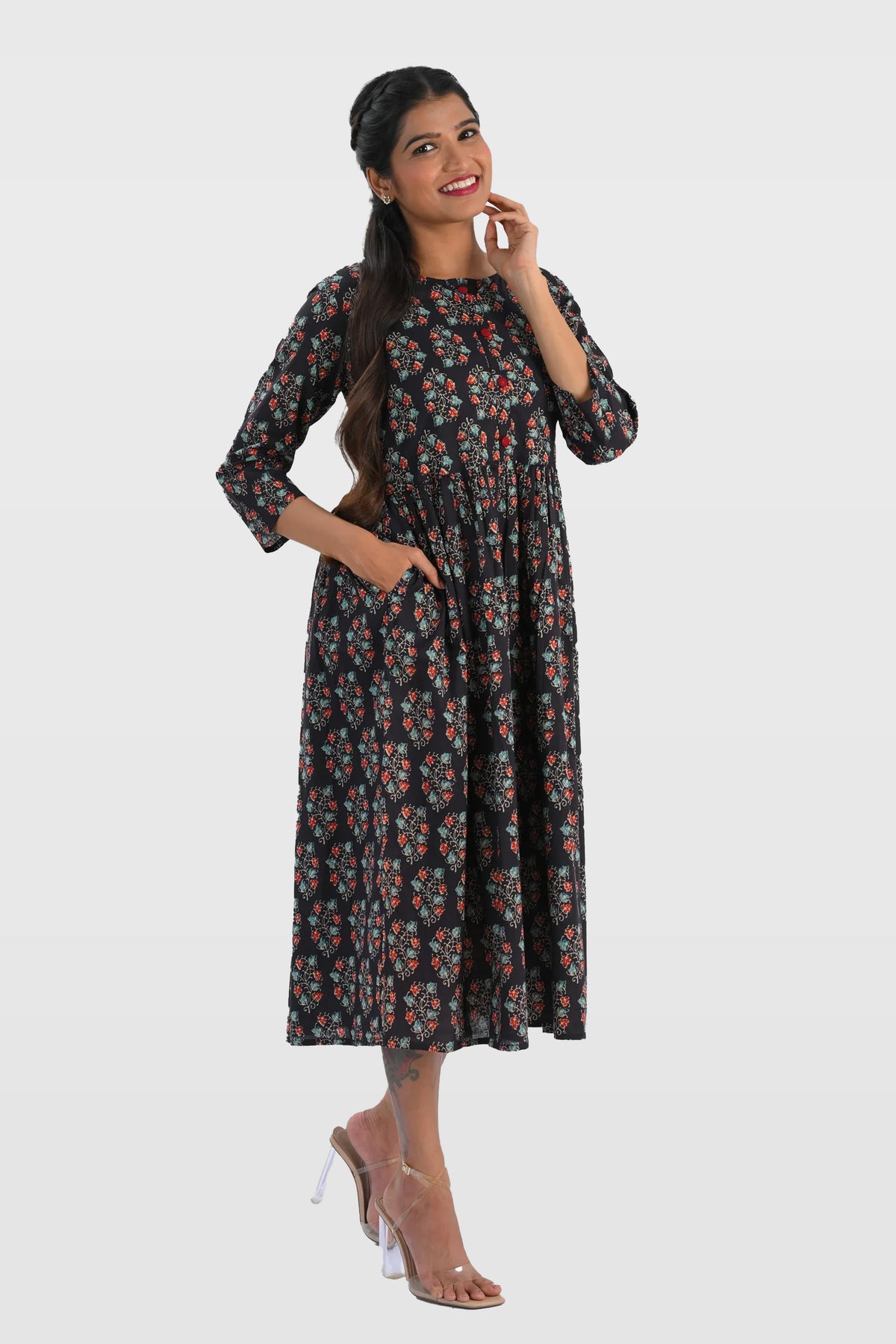 Dark Blue Cotton Printed Midi Dress