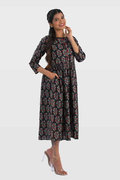 Dark Blue Cotton Printed Midi Dress