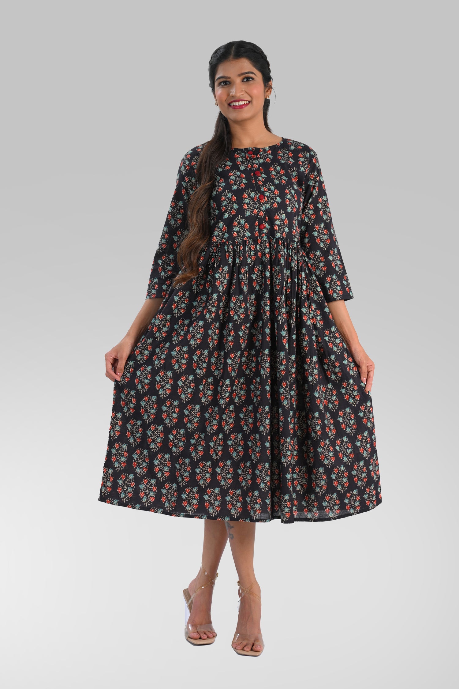 Dark Blue Cotton Printed Midi Dress