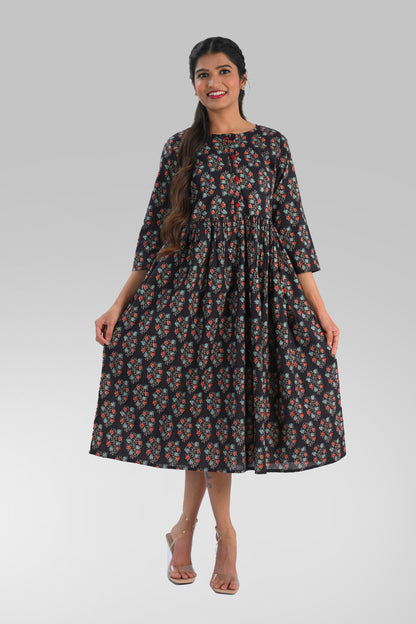 Dark Blue Cotton Printed Midi Dress