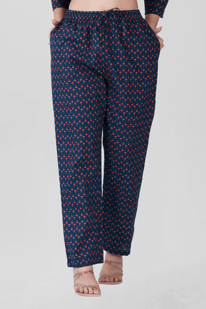 Dark Blue Cotton Printed Pyjama Set