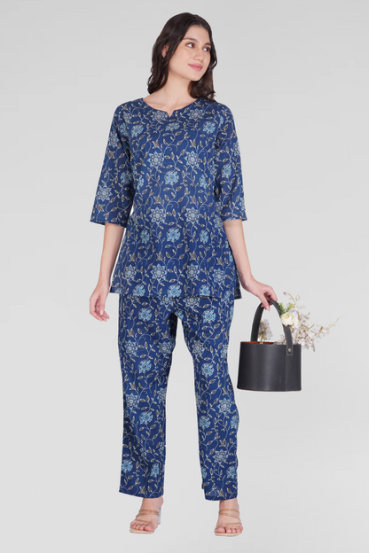 Dark Blue Cotton Printed Pyjama Set