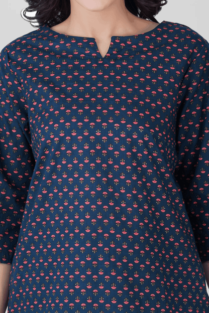Dark Blue Cotton Printed Pyjama Set