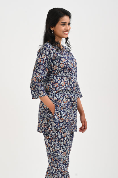 Dark Blue Cotton Printed Pyjama Set