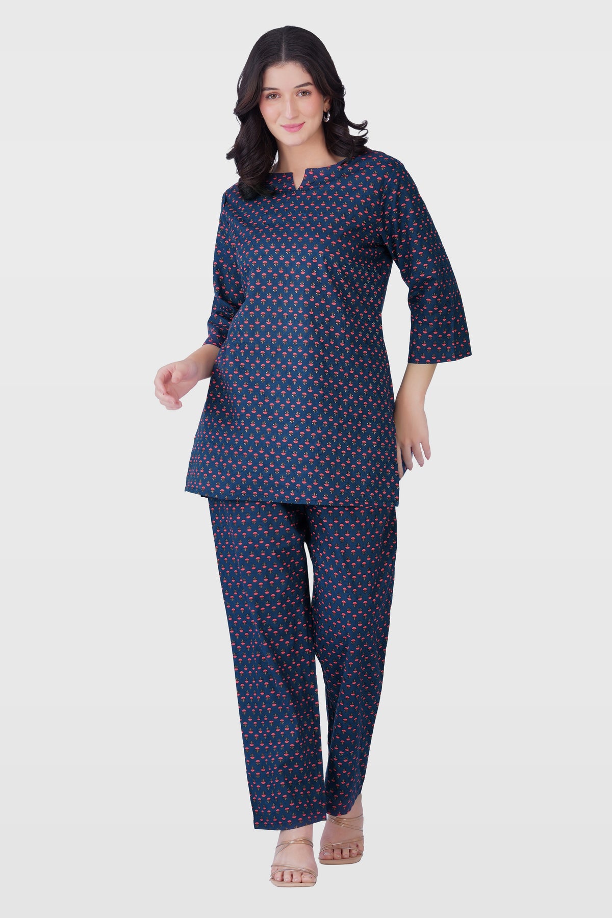 Dark Blue Cotton Printed Pyjama Set