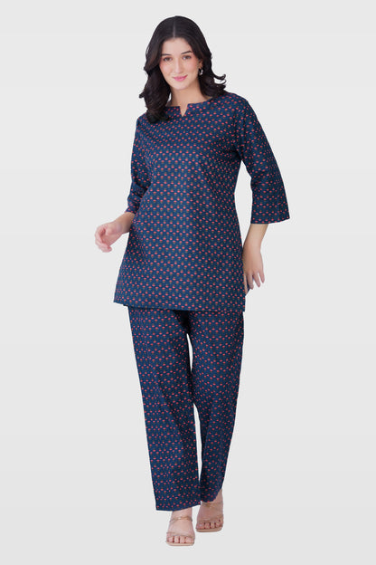 Dark Blue Cotton Printed Pyjama Set