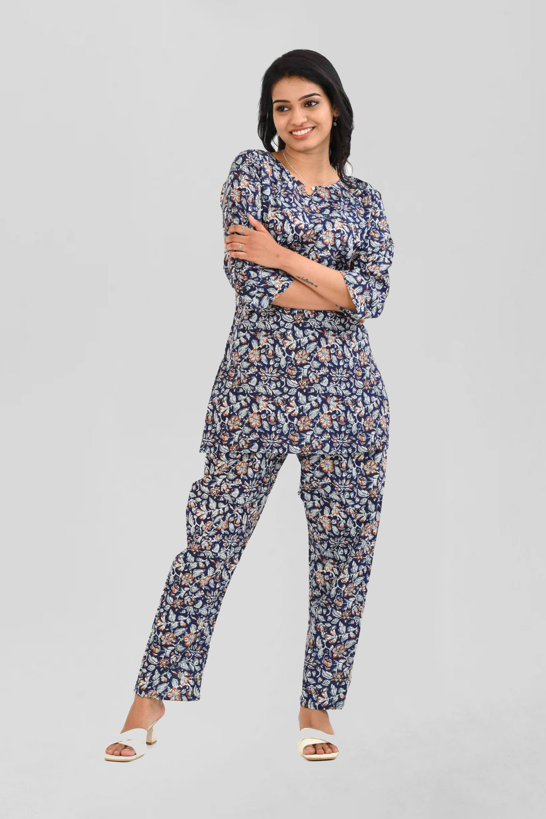 Dark Blue Cotton Printed Pyjama Set