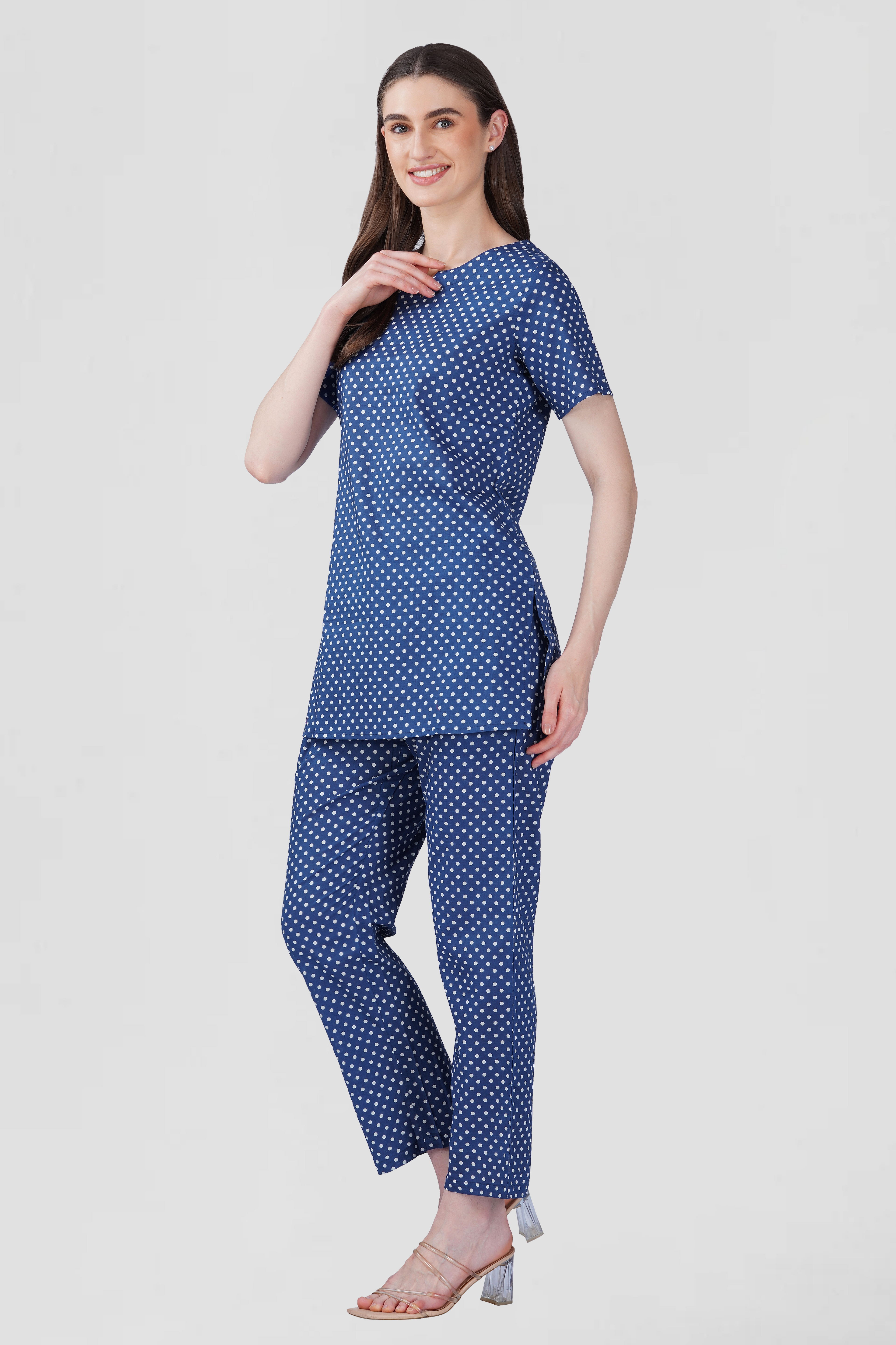 Dark Blue Cotton Printed Pyjama Set