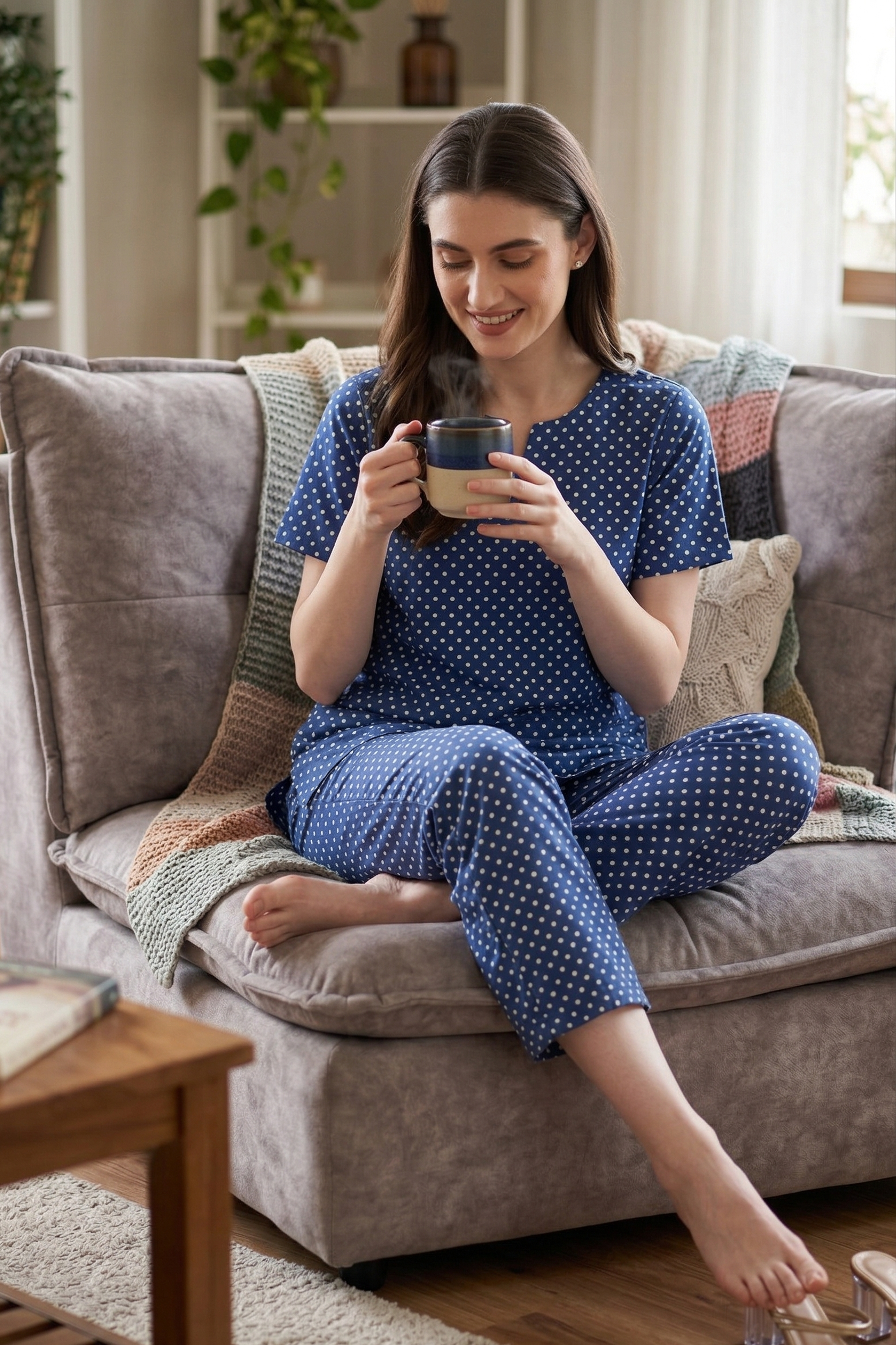 Dark Blue Cotton Printed Pyjama Set