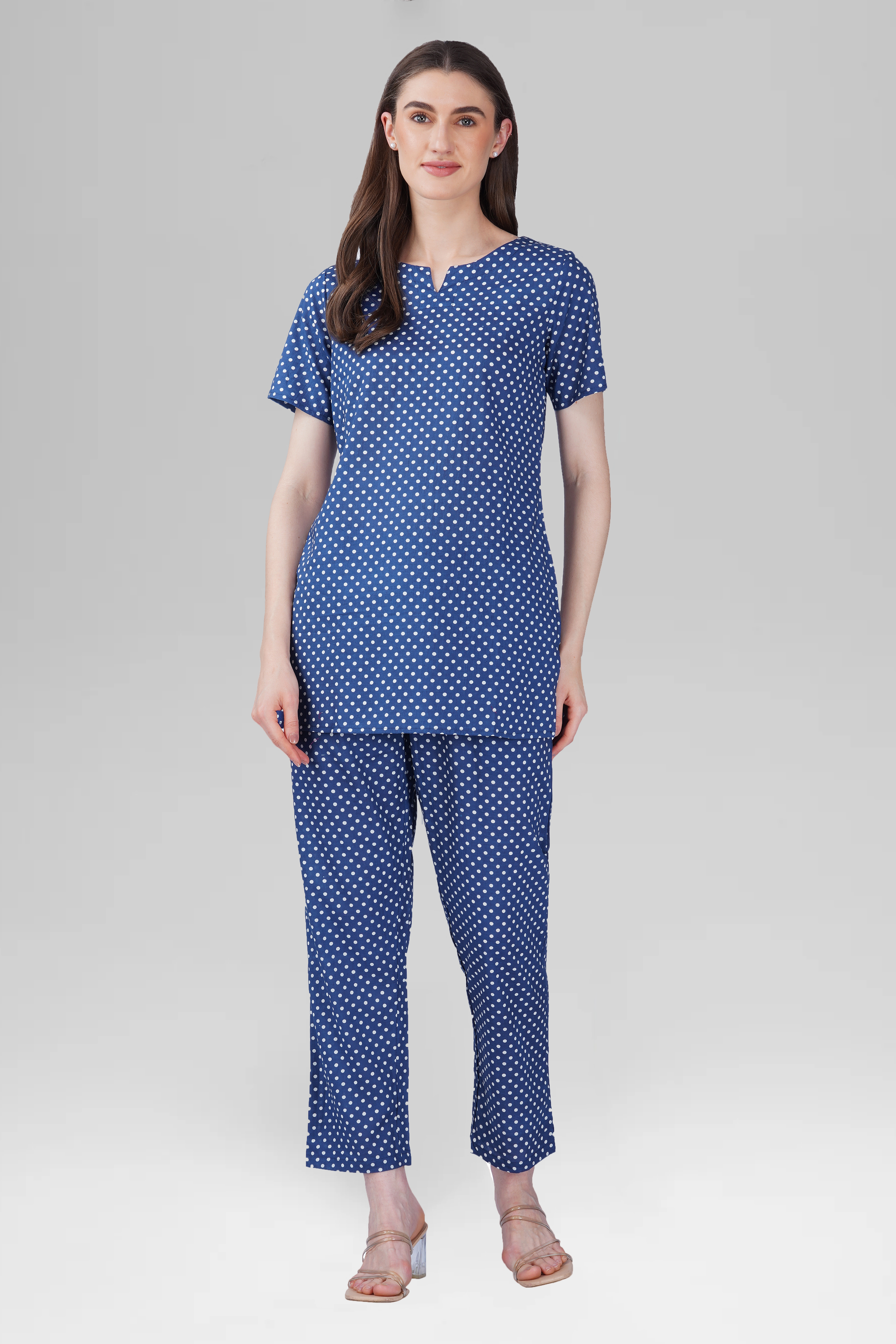Dark Blue Cotton Printed Pyjama Set
